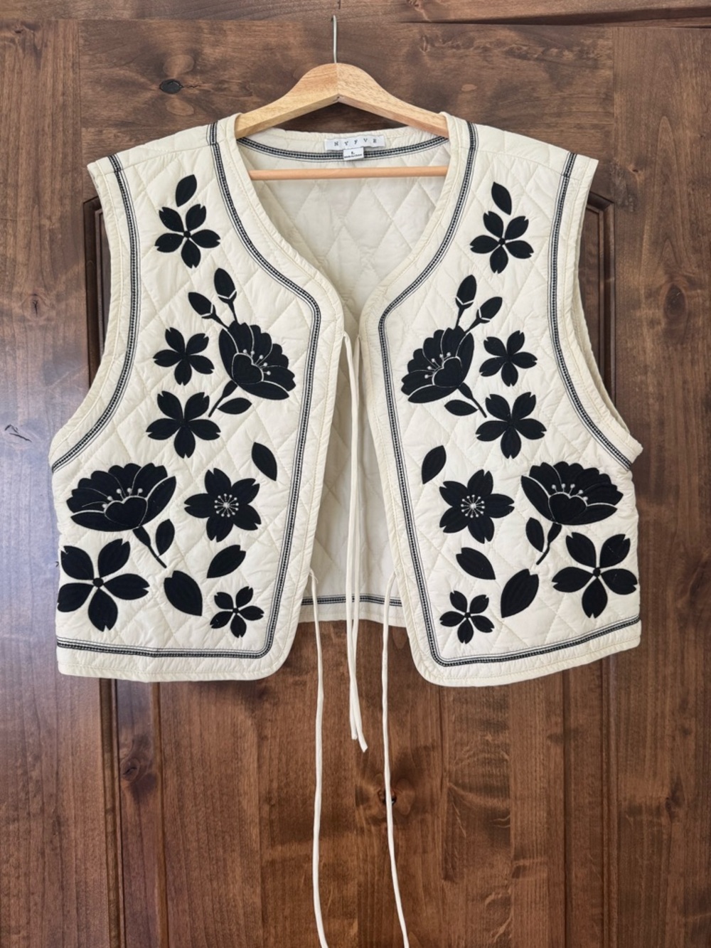 Quilted Cream Vest with Black Floral Appliqué